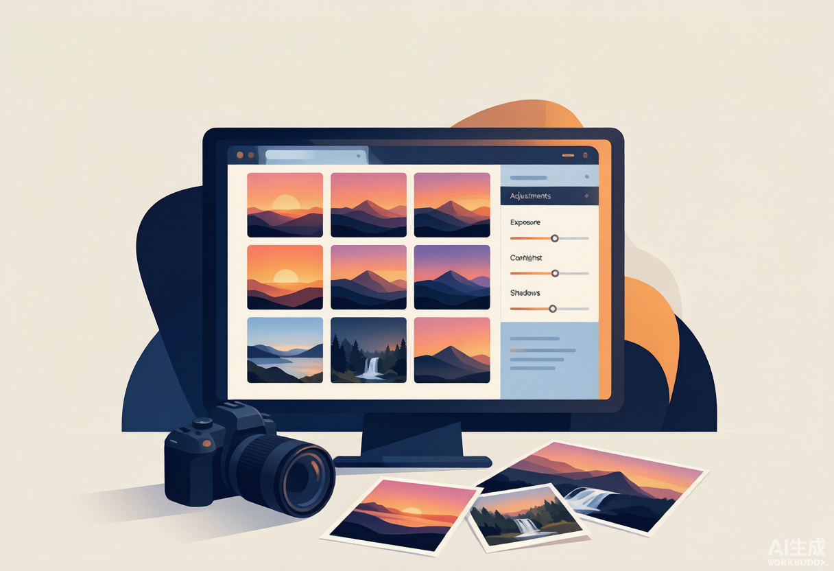 Lightroom 照片管理与调色工作场景插画